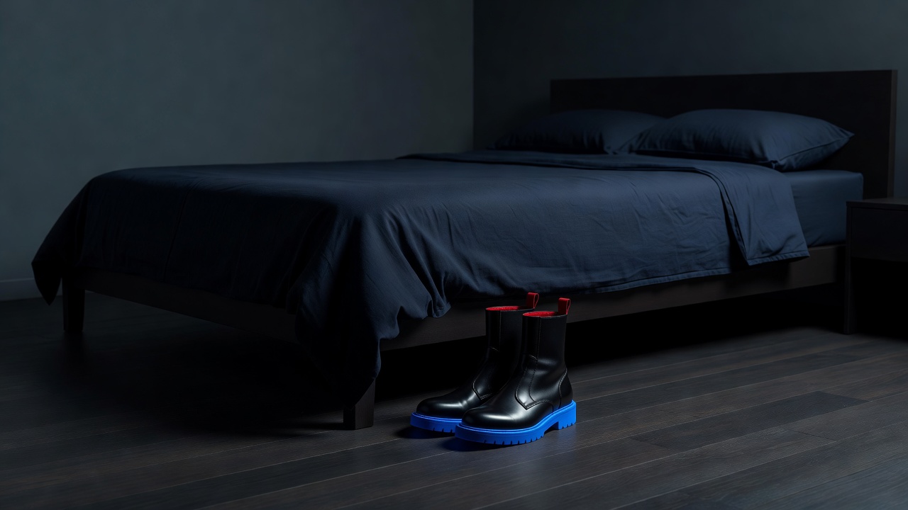 A single pair of boots laid out at the foot of a bed the night before, ready
