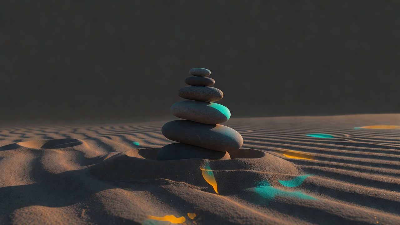 Four smooth stones stacked in a small cairn on sand in warm light