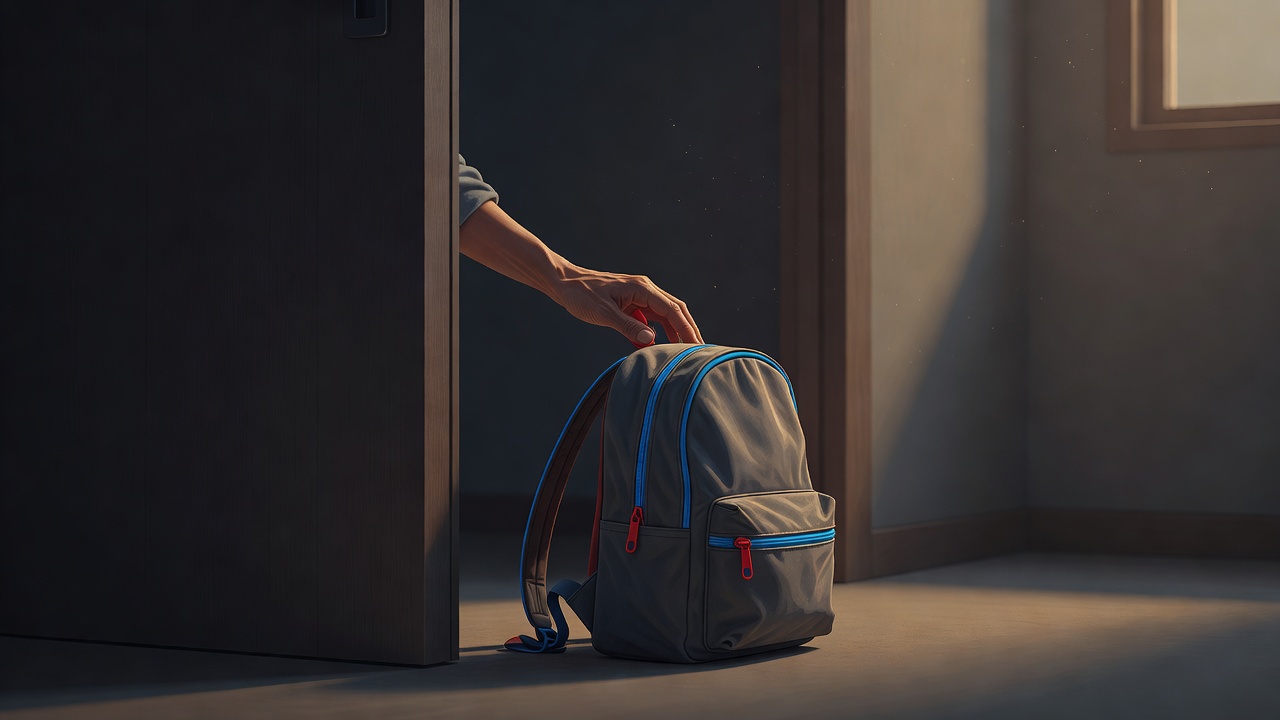 A parent's hand resting gently on a child-sized backpack by a doorway in warm morning light