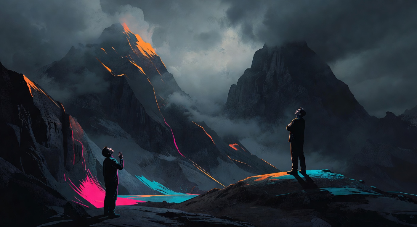 Two figures on a mountain, one confidently standing on a small hill unaware of the vast peak behind them