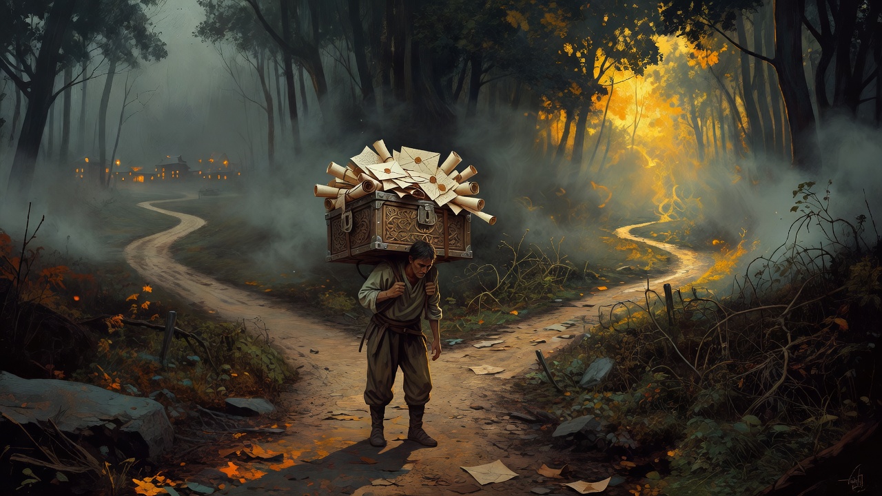 A person at a crossroads carrying a heavy chest of obligations through a misty forest