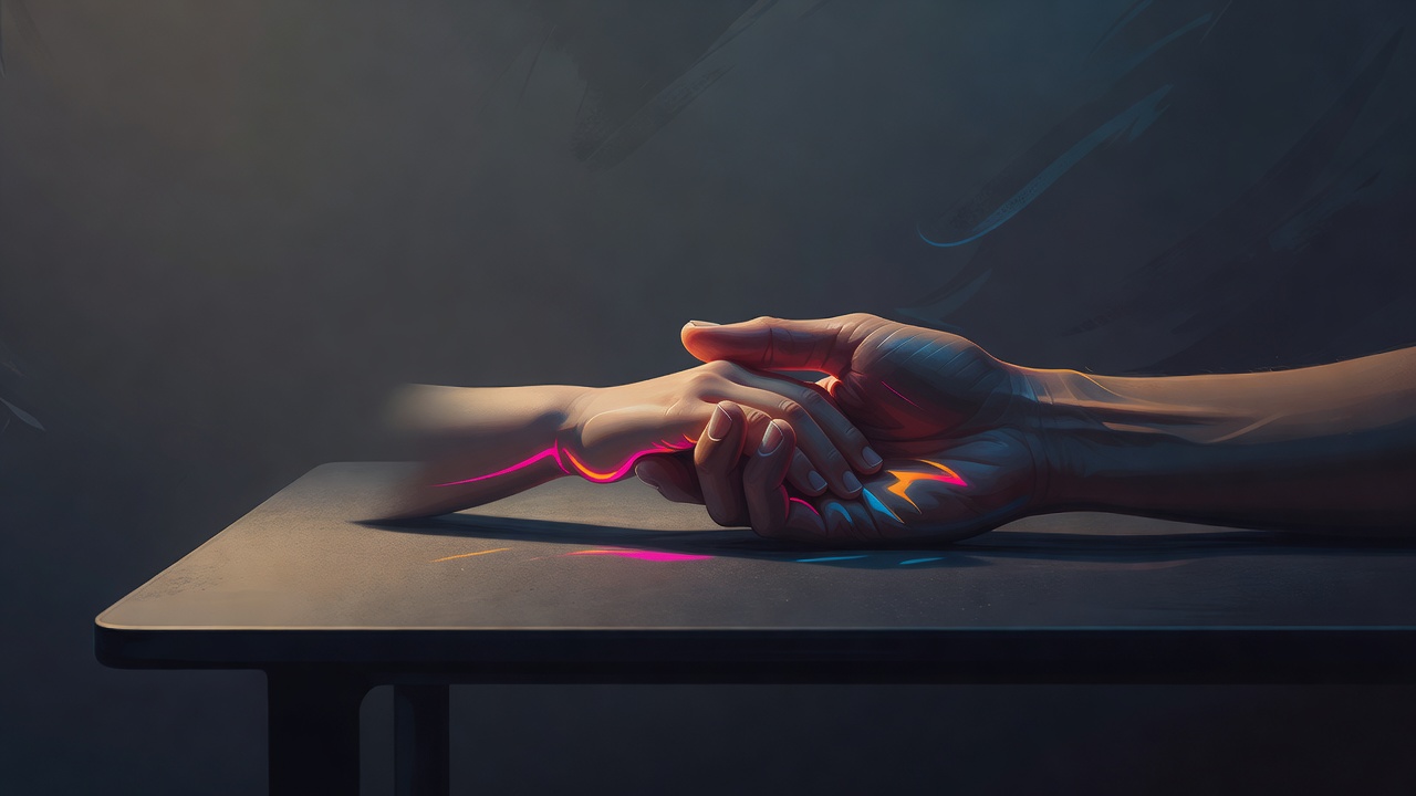 A parent's hand steadying a small child's on a table