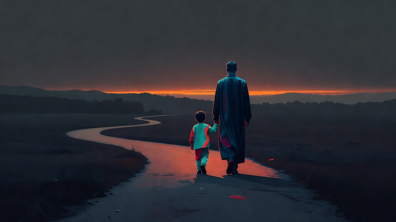A parent and child walking together on a quiet path at dusk