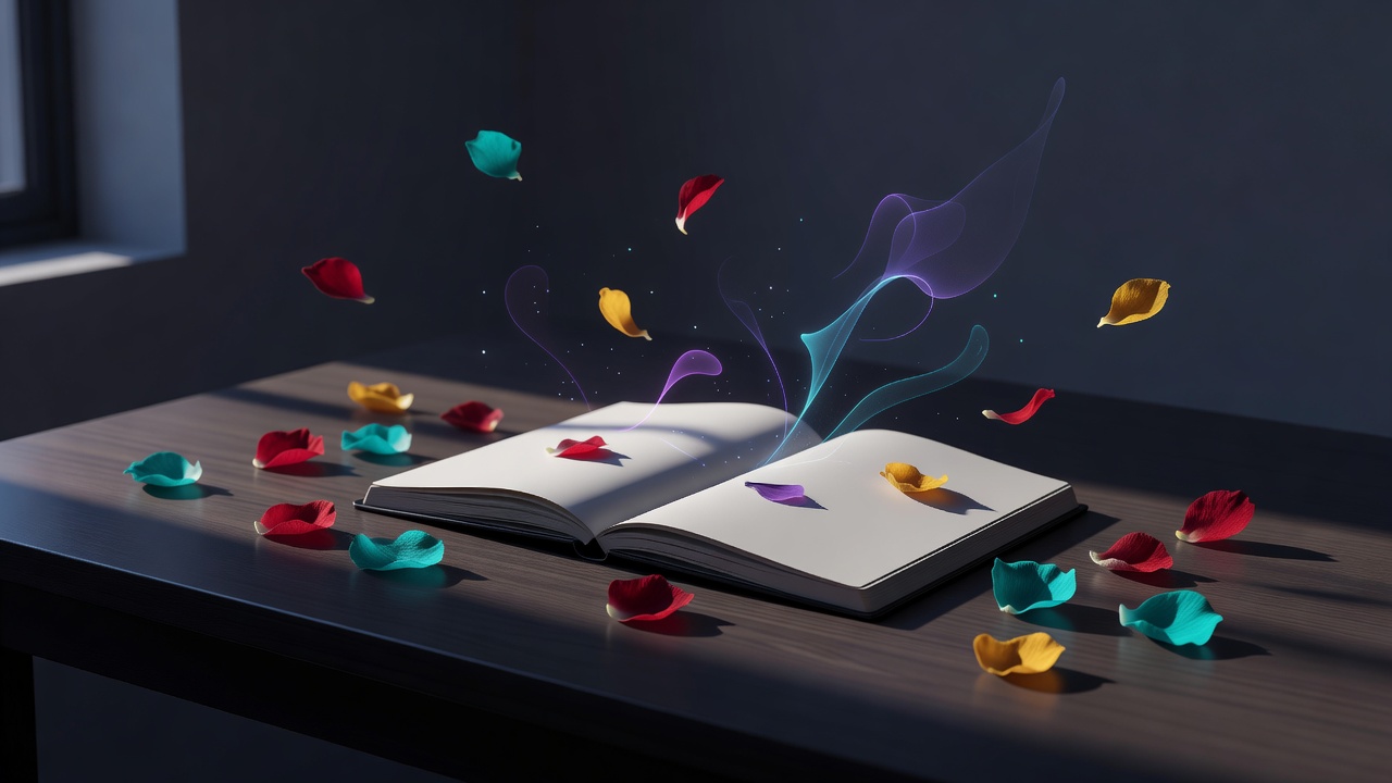An open notebook and scattered petals on a sunlit desk
