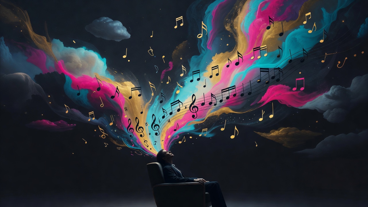 Musical notes dissolving into a dreamlike scene above a listener