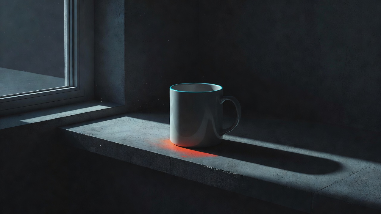 A single ordinary object on a windowsill catching new light at an unusual angle