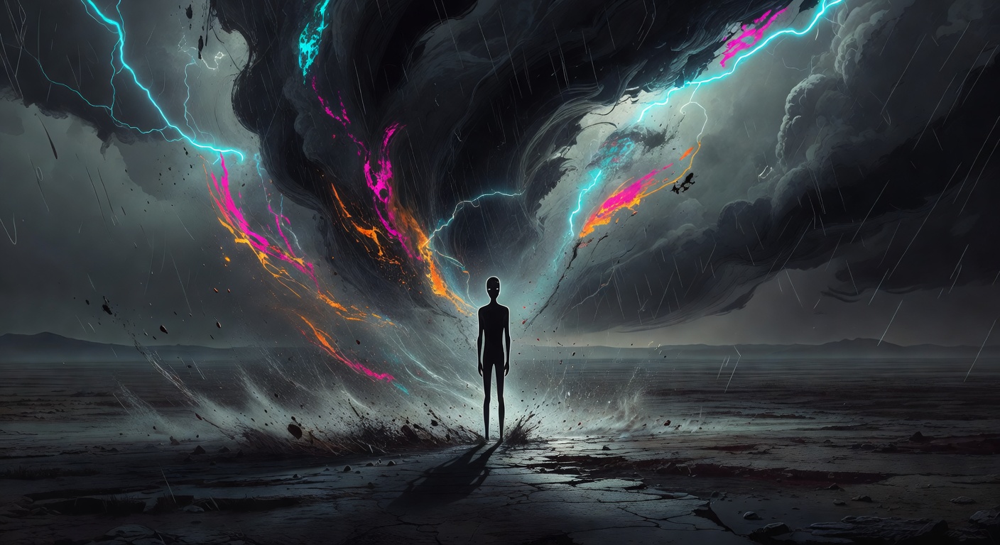 A figure with a still face, vibrant color swirling behind them that nobody can see