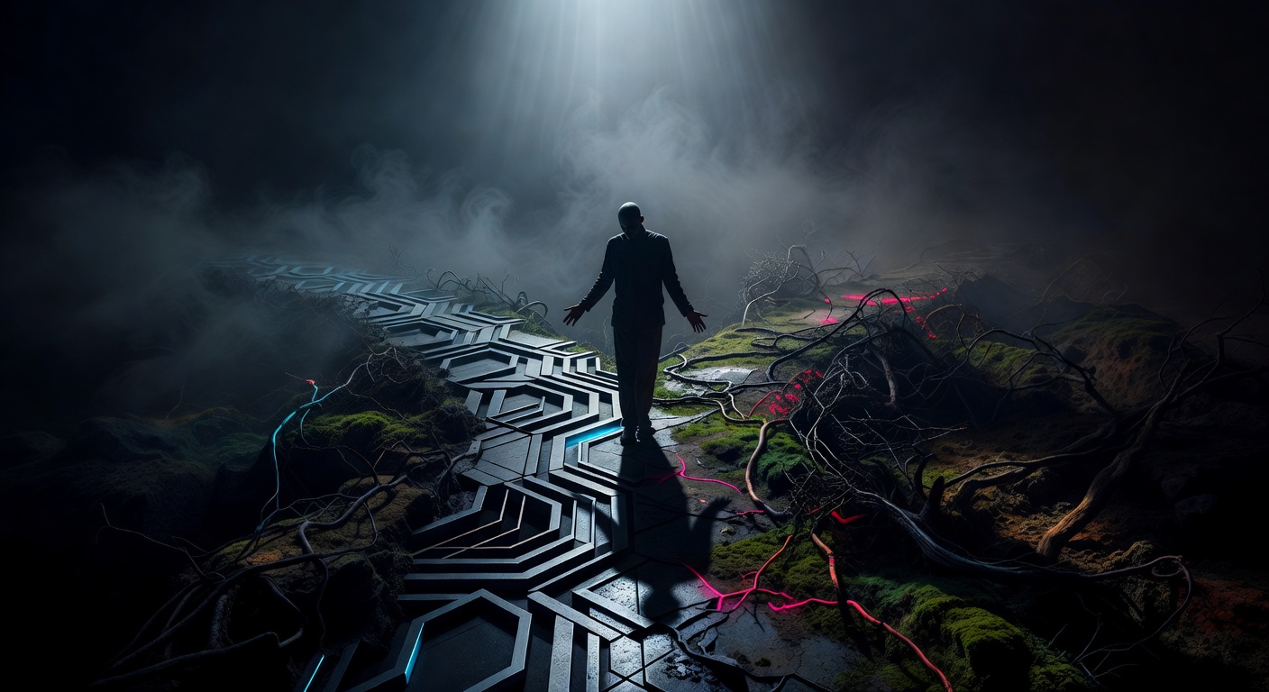 A person standing at a crossroads between two diverging paths