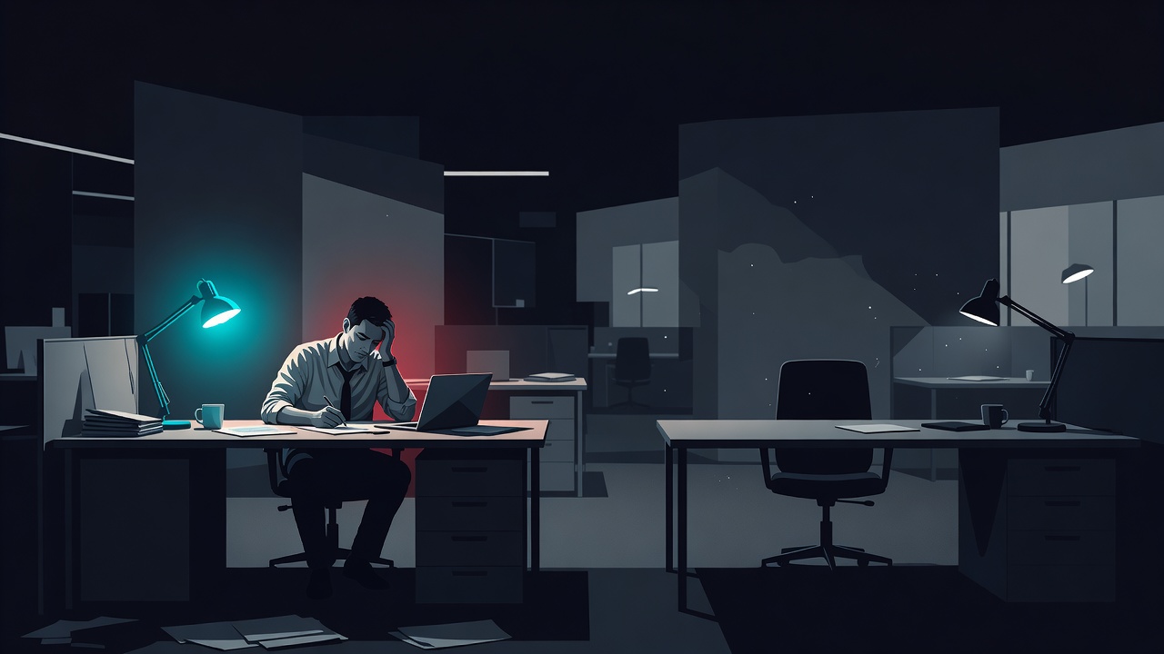 One founder working alone under a single lamp late at night while a second desk beside them sits empty