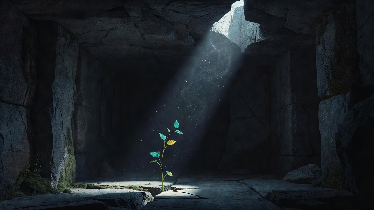 A narrow shaft of light falling into a dim stone room where a small plant grows toward it