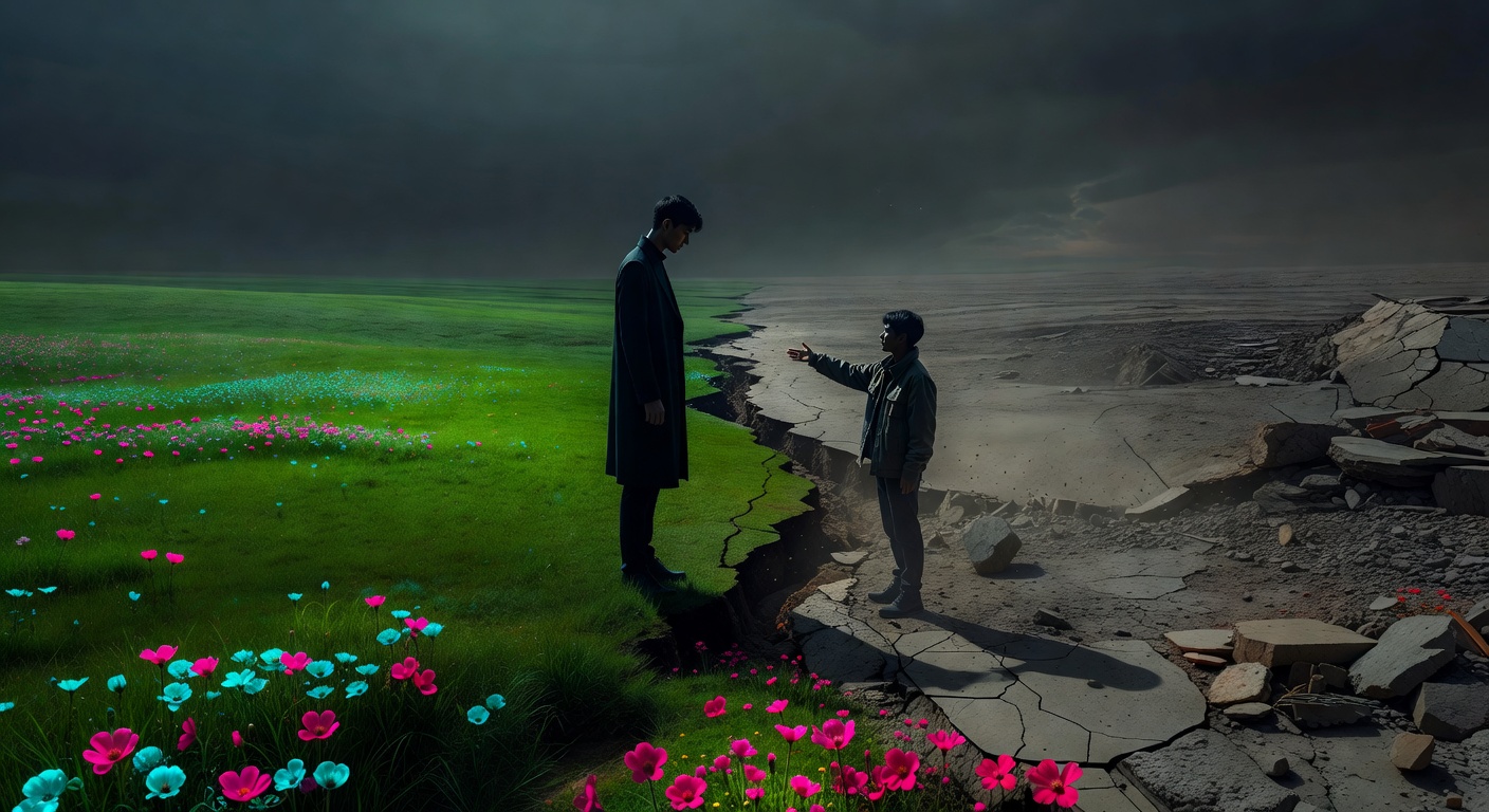 A figure looking at their own reflection while someone behind them adjusts the mirror