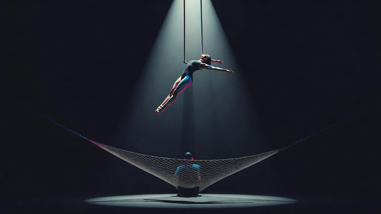 A trapeze artist in the spotlight while an unseen figure below holds a safety net in the dark