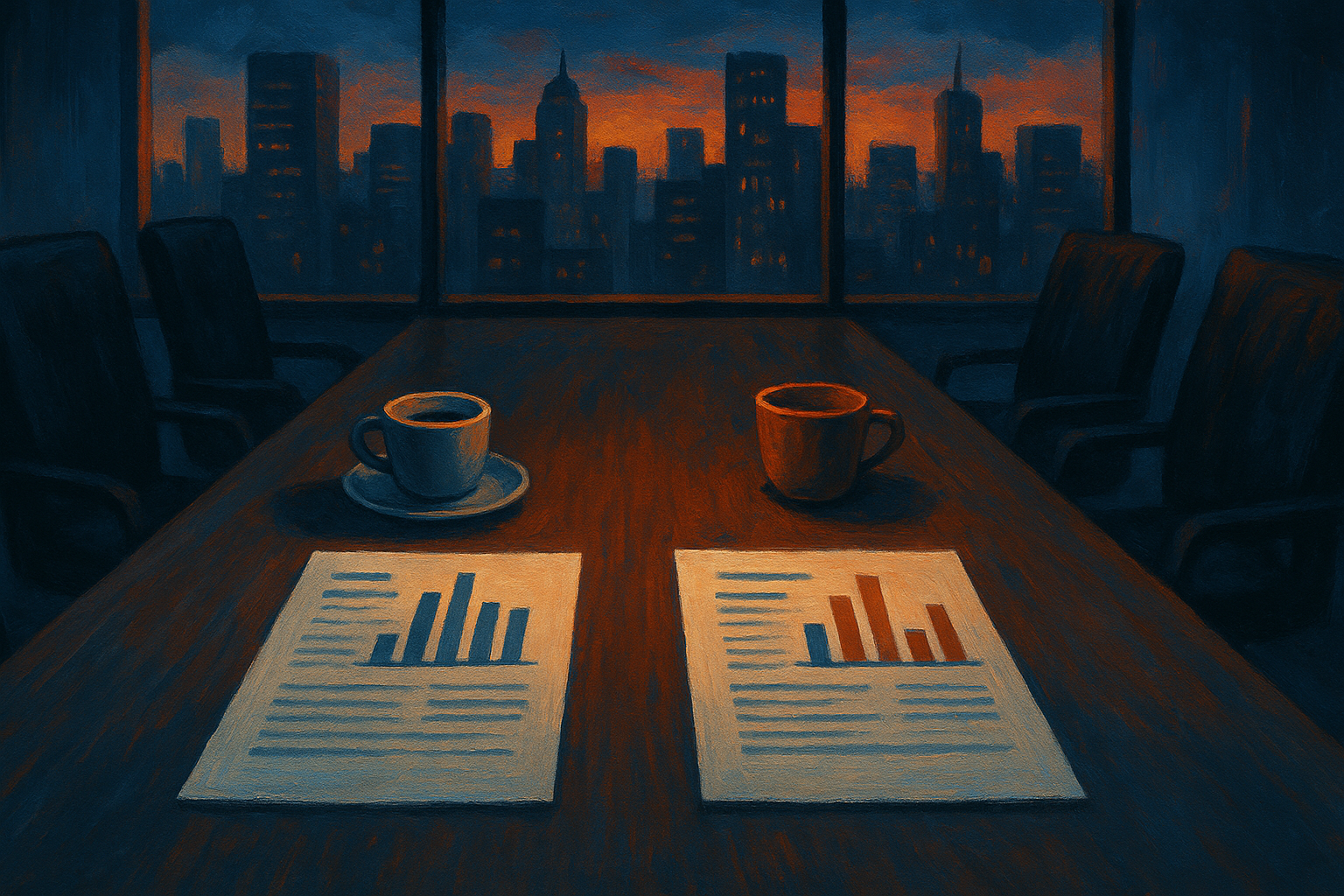 Two candidate profiles with different personality facet bar charts on a conference table at dusk