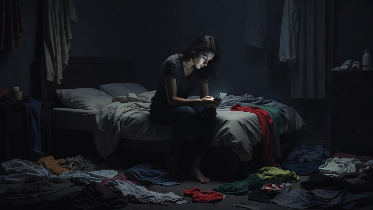 A woman sitting alone on the edge of an unmade bed in a dim room at night, lit only by a phone screen