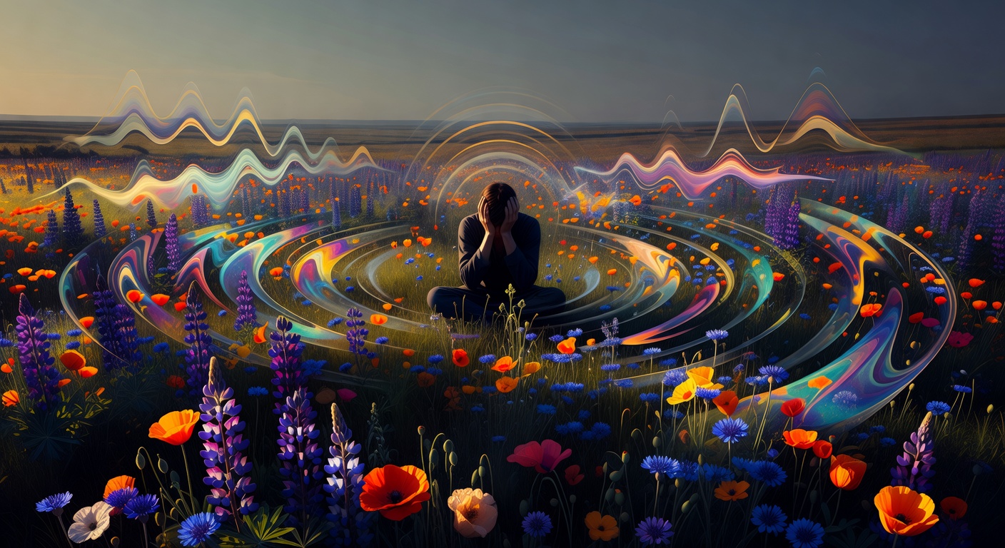 A figure standing alone in a crowded room, overwhelmed by visible waves of sound and light and other people's emotions
