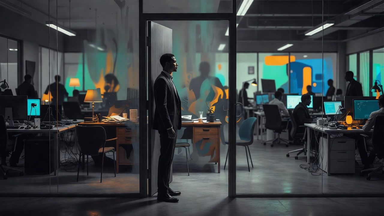 A founder in the doorway of a large busy office looking back at a small apartment desk fading behind them