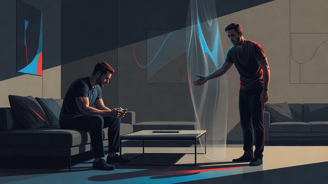 One partner holding something in alone, the other nearby wanting to help but held at a distance by an invisible barrier