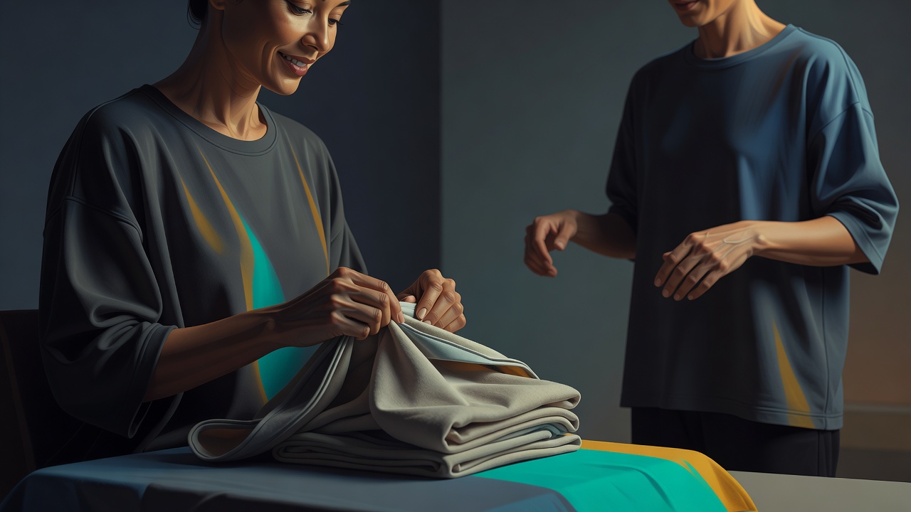 A person's hands gently undoing another's folded laundry with a pleasant smile while the other watches