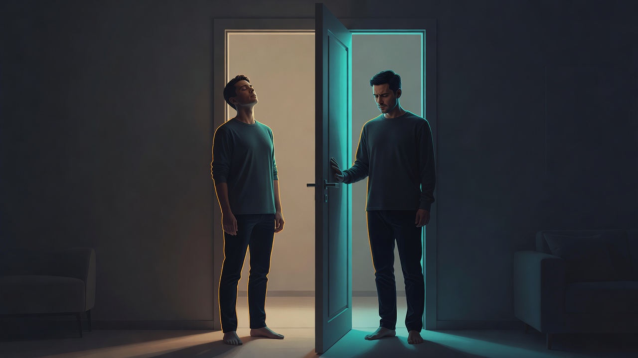 A closed door with one partner at ease alone on the far side and the other anxious outside it