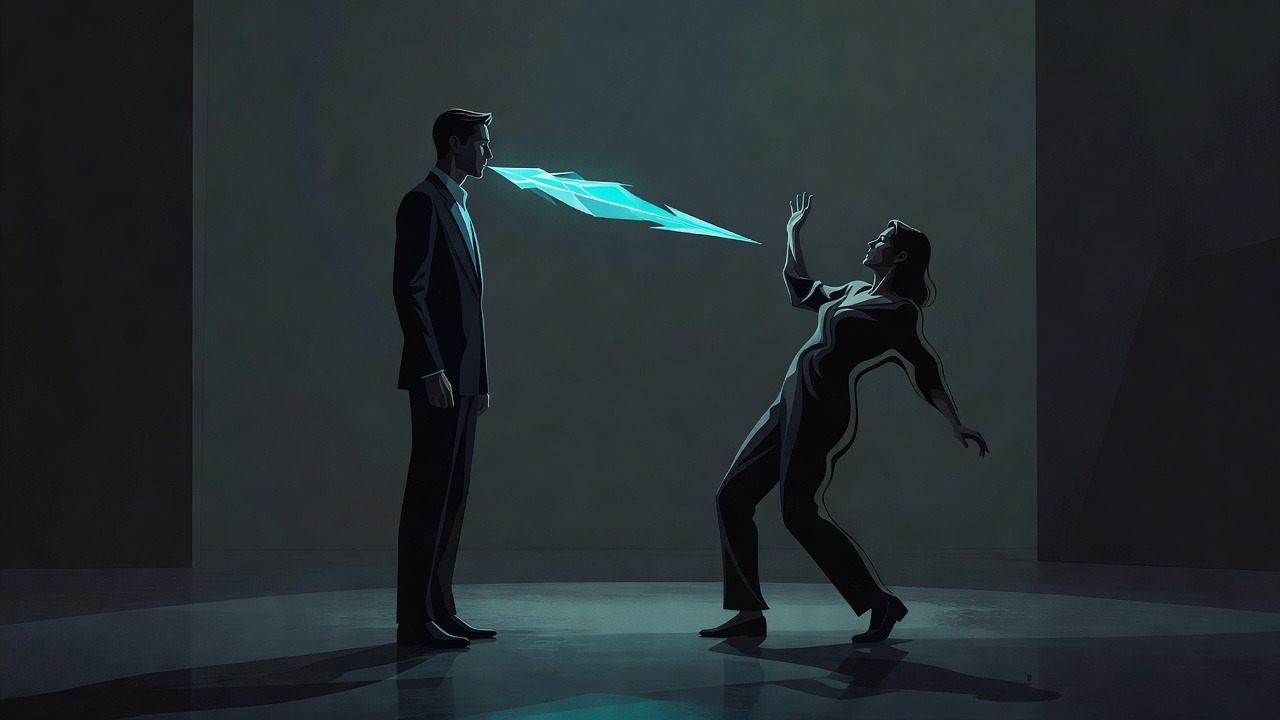 One partner speaking plainly, the words visualized as a sharp object, the other recoiling as if struck