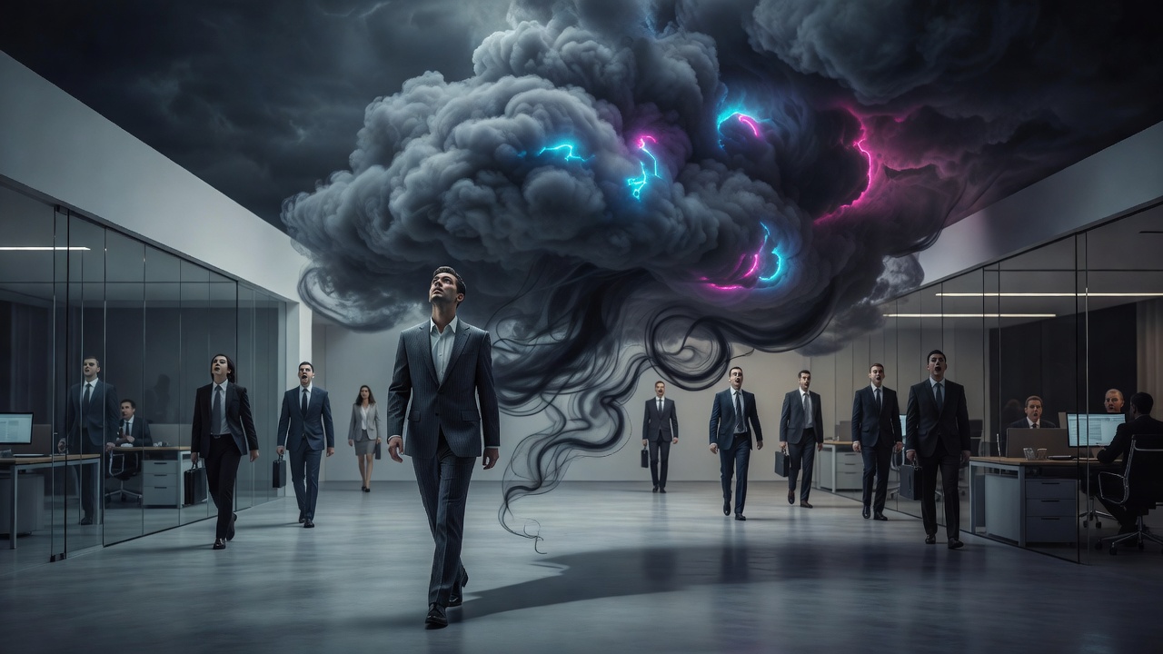 A person walking into an office with a storm cloud following them that they think is invisible