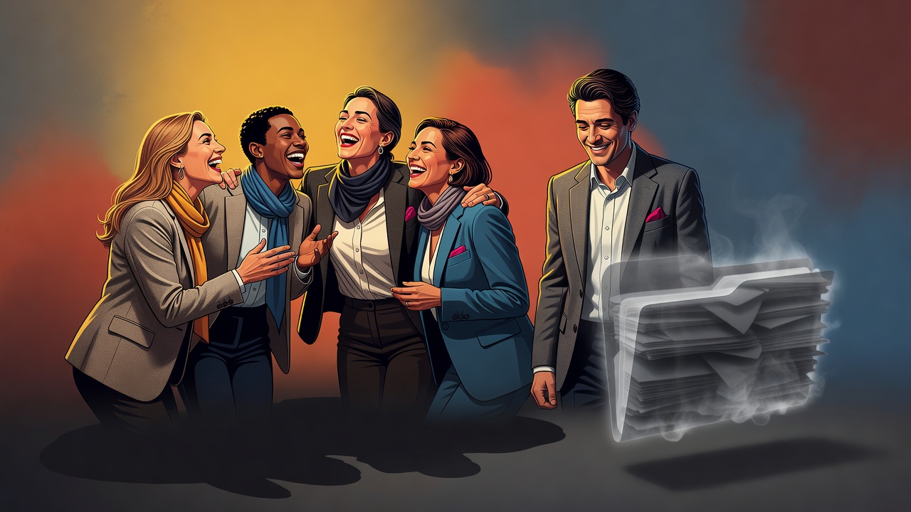 A group laughing together while one person laughs along on the surface but holds a hidden hurt underneath