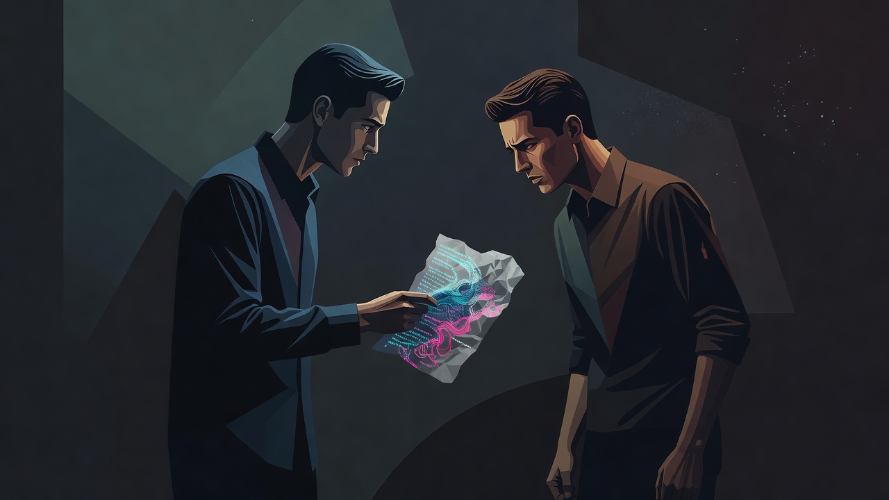 One partner holding out a coded note while the other reads it literally as plain text, both frustrated