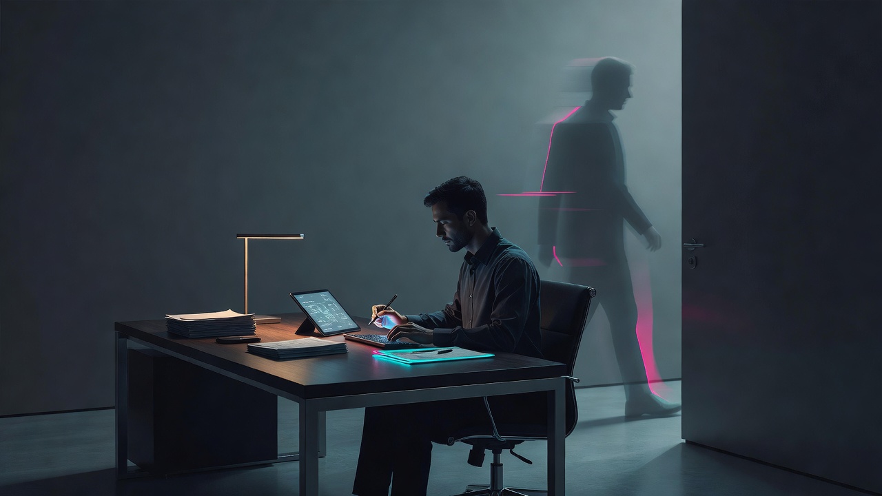 A person at a desk doing tasks while a faint outline of themselves has already walked out the door