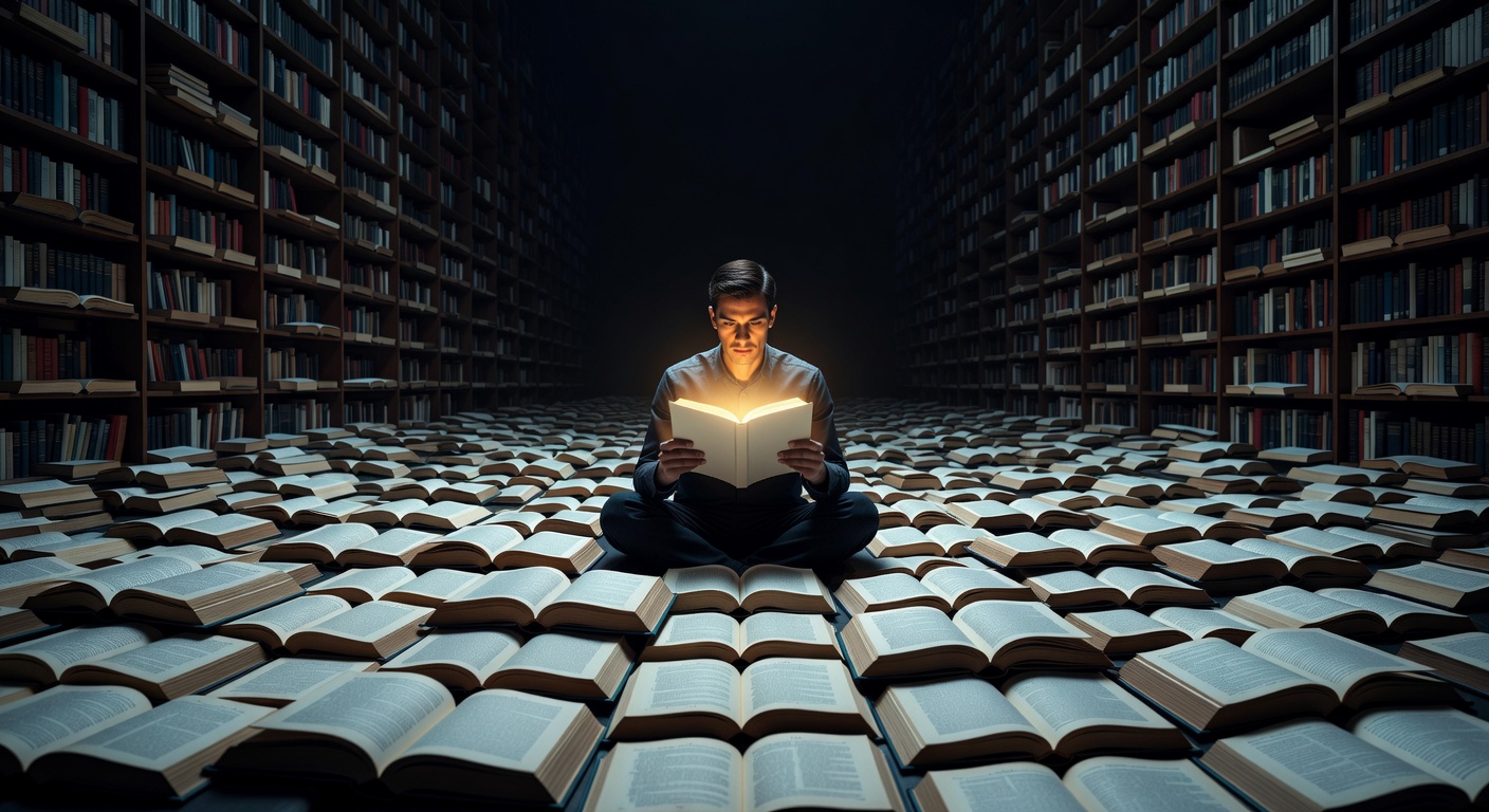 A figure absorbed in a single page in an infinite library