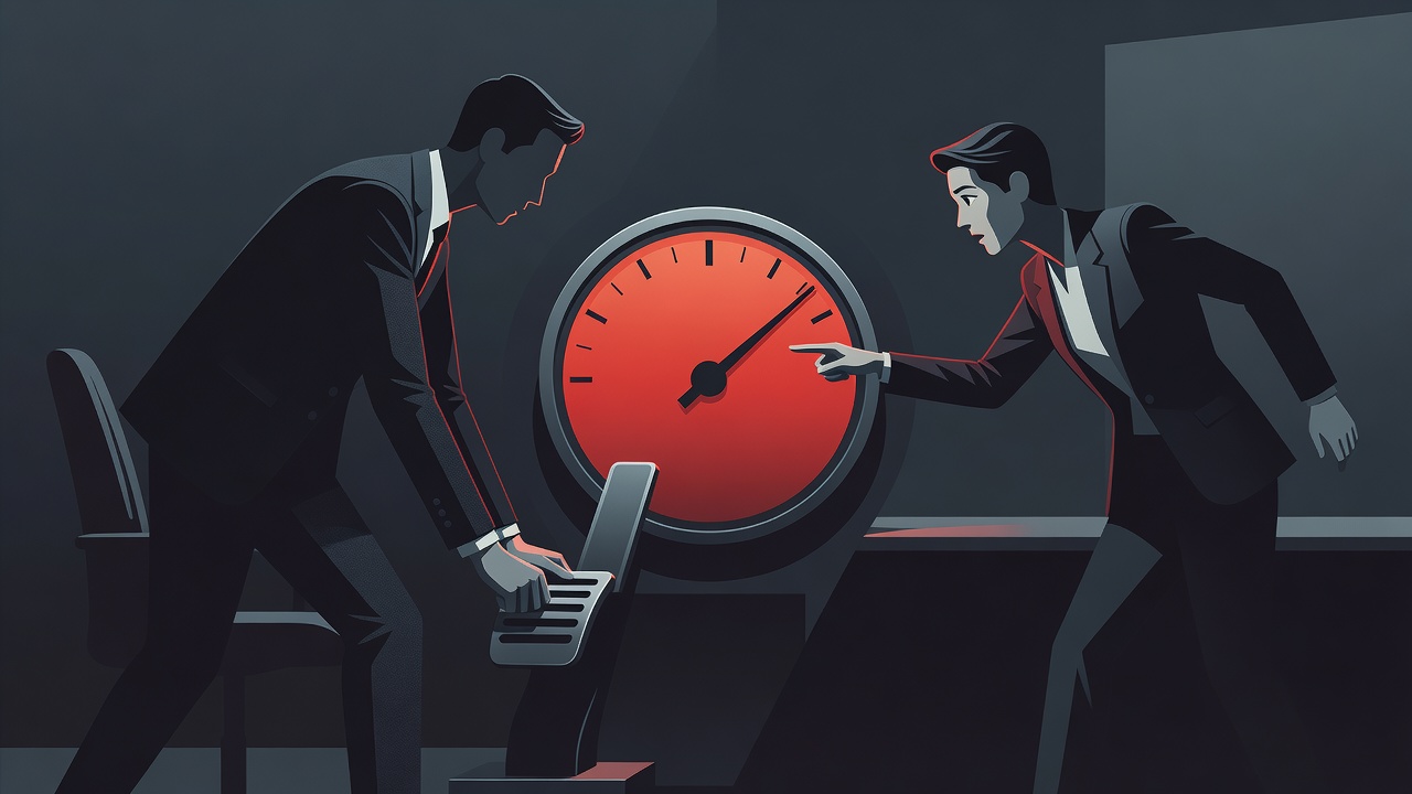 A shared fuel gauge, one founder pressing the accelerator while the other points at the near-empty needle