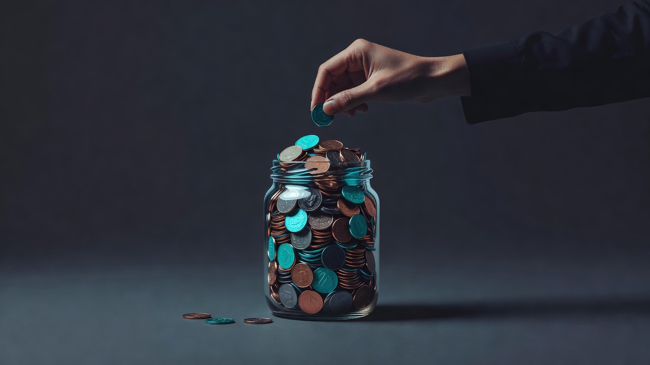A person adding one small coin to a jar of coins that is overflowing and about to spill