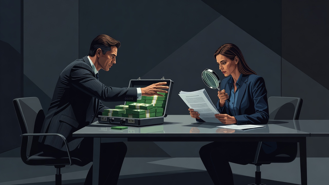 Two founders at a table with a briefcase of cash, one reaching for it, the other reading the contract
