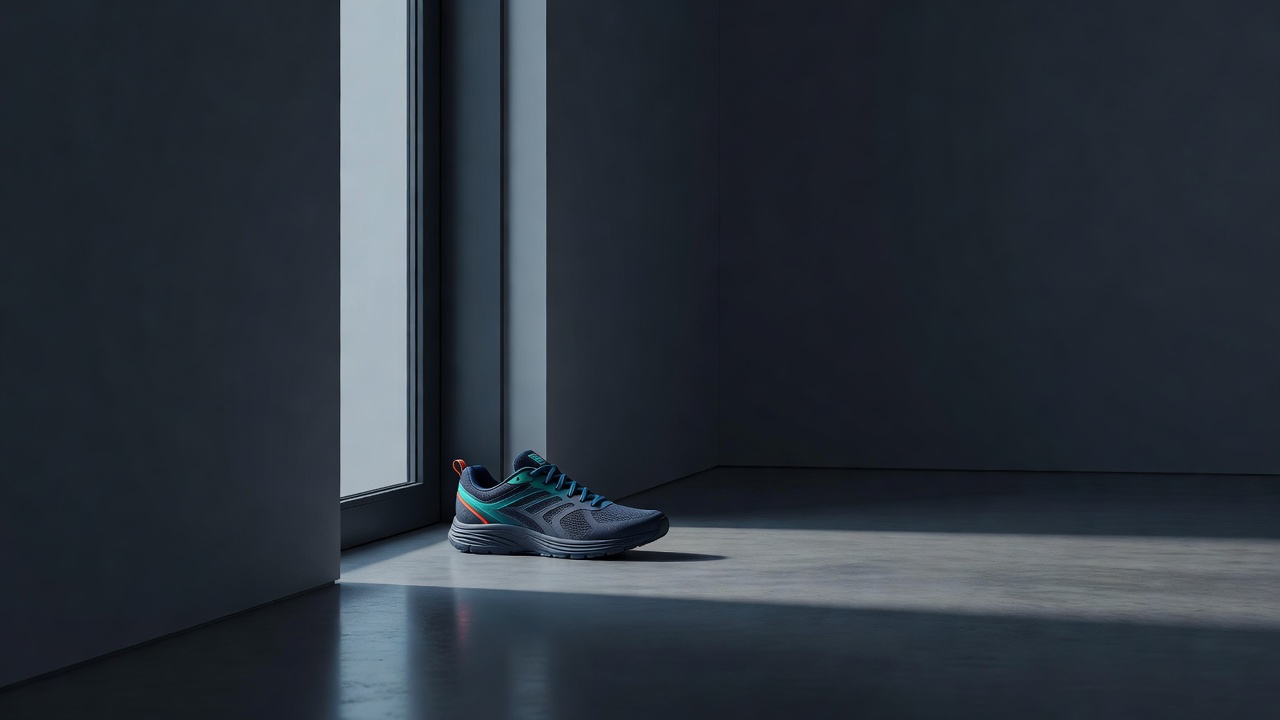 A single running shoe placed neatly by a front door in morning light