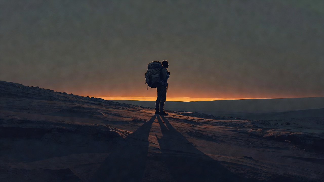 A single figure shouldering a heavy pack at dawn on a bare ridgeline