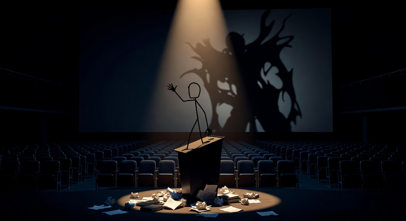 A solitary figure at a podium in a vast dark lecture hall, casting a shadow that differs from its own shape