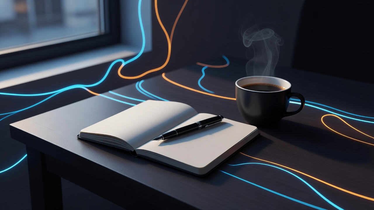 An open blank notebook with a pen resting on it beside a cup of coffee in early morning window light