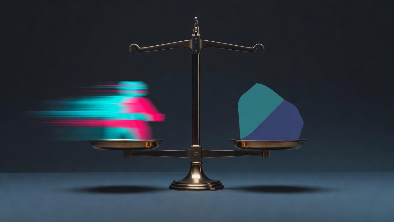 A weighing scale balancing a blurred fast shape against a slow deliberate one, cool analytical palette