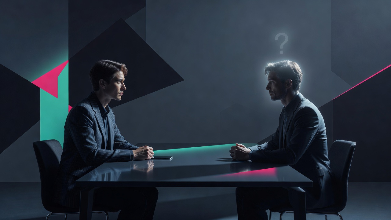 Two founders at a table, one with a phone turned face-down, a faint question mark over the other