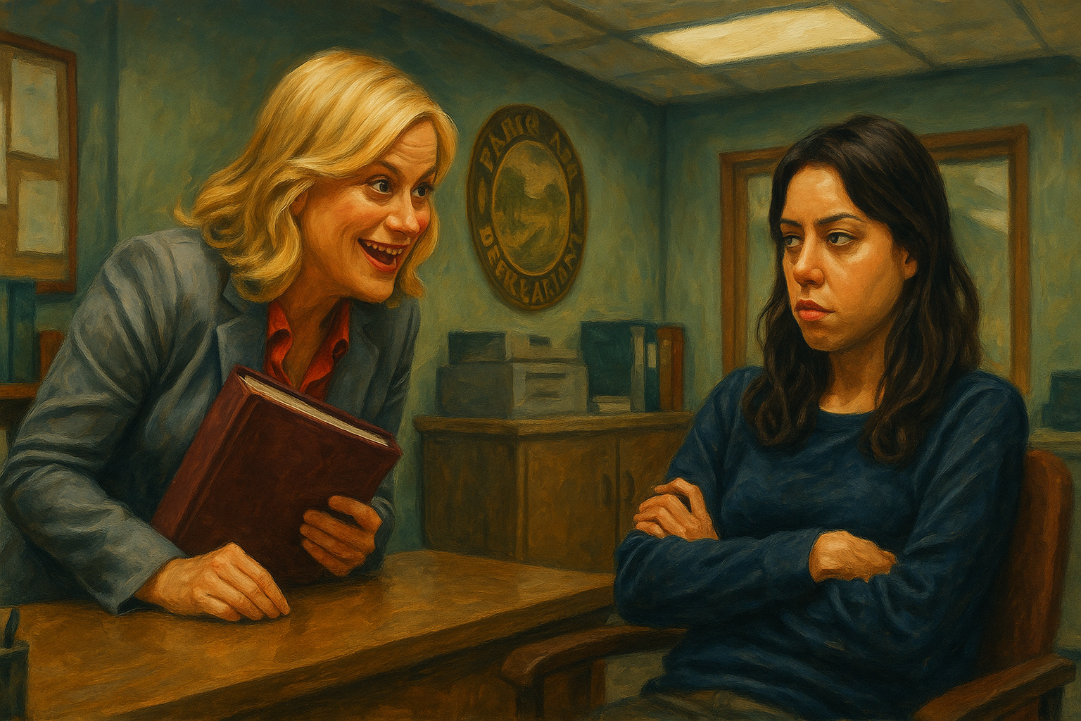 Leslie Knope enthusiastically mentoring a disinterested April Ludgate in the Pawnee Parks Department