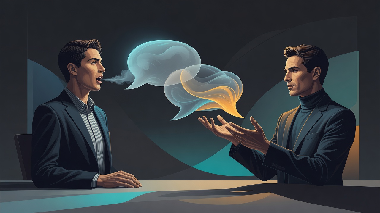 One founder mid-sentence, a speech bubble being lifted from their mouth and reworded by the other