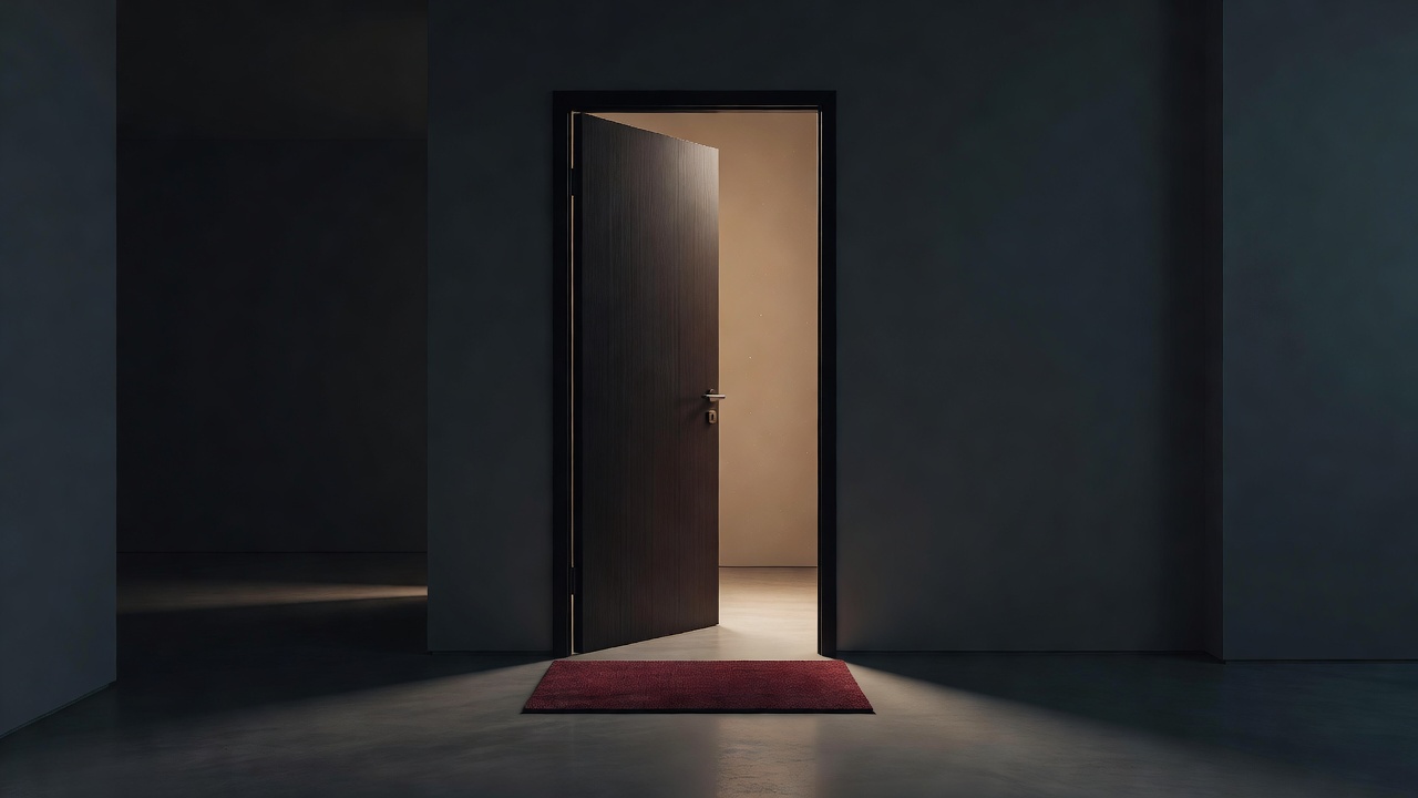 A single open front door with a welcome mat, seen from inside, warm light
