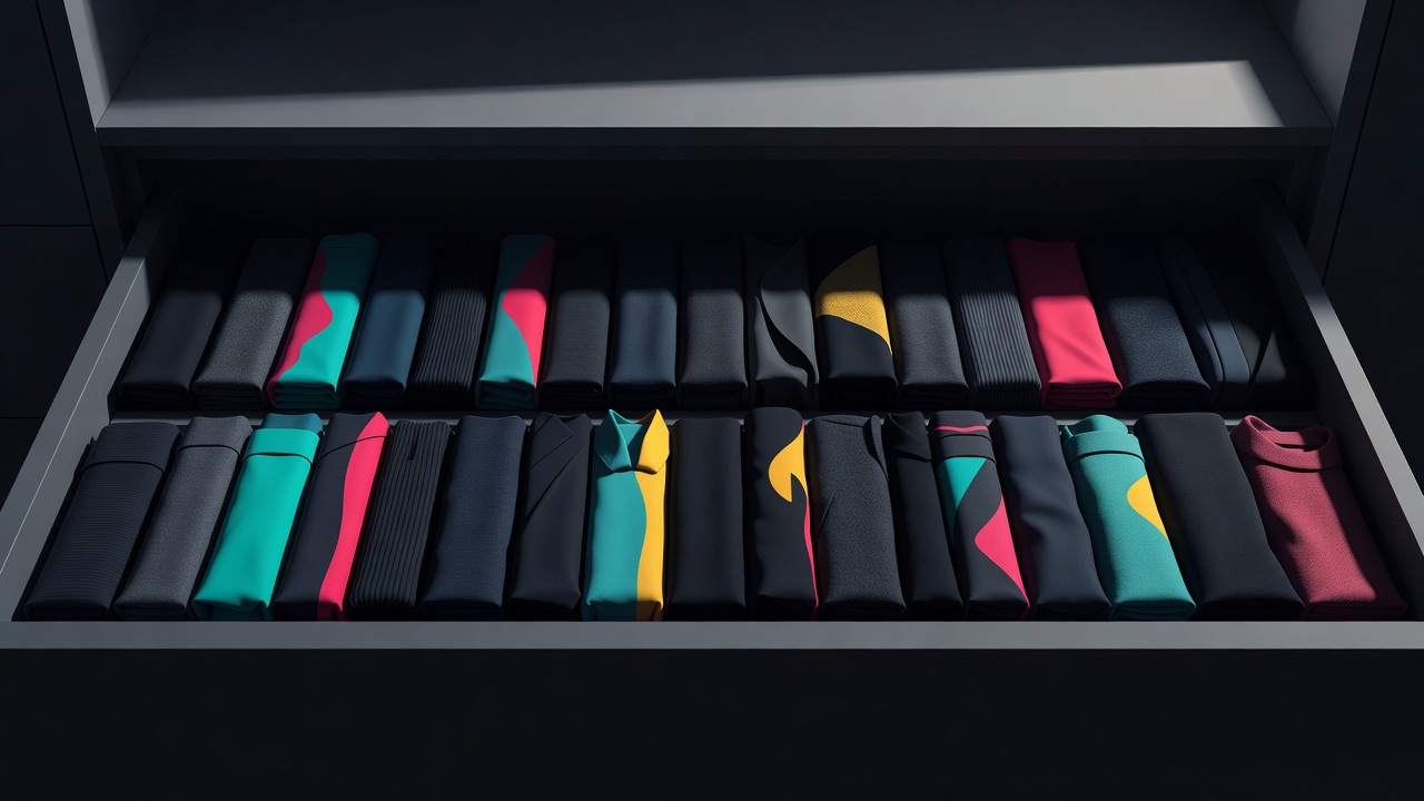 A neatly organized drawer of upright folded clothes in soft light