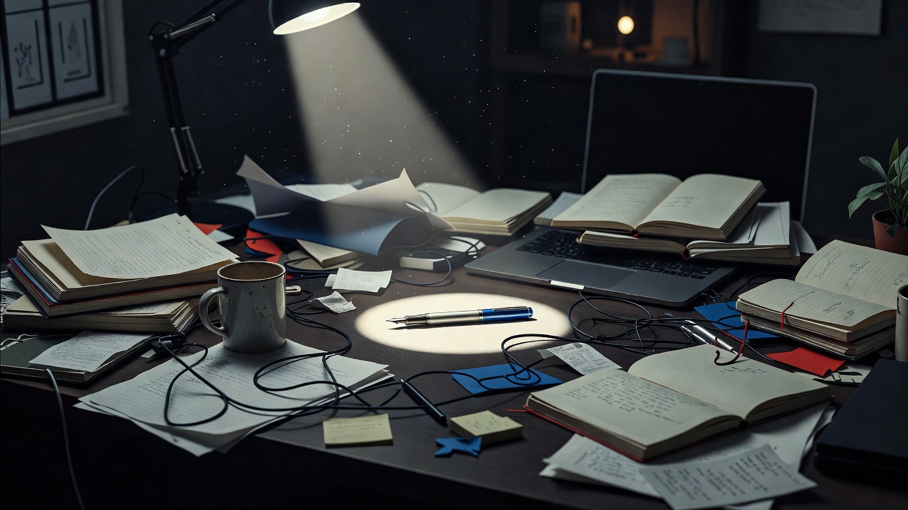 A cluttered desk with a single spotlight picking out one important object among the mess