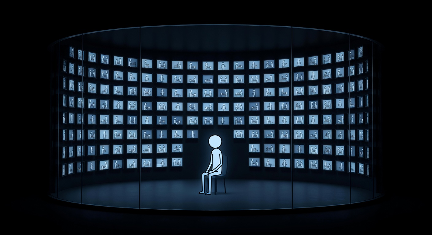 A solitary figure in a glass control room surrounded by hundreds of glowing screens showing other people's lives