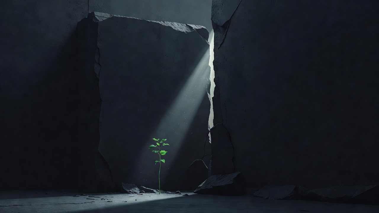 A single small plant growing toward a shaft of light coming through a gap in a dark wall