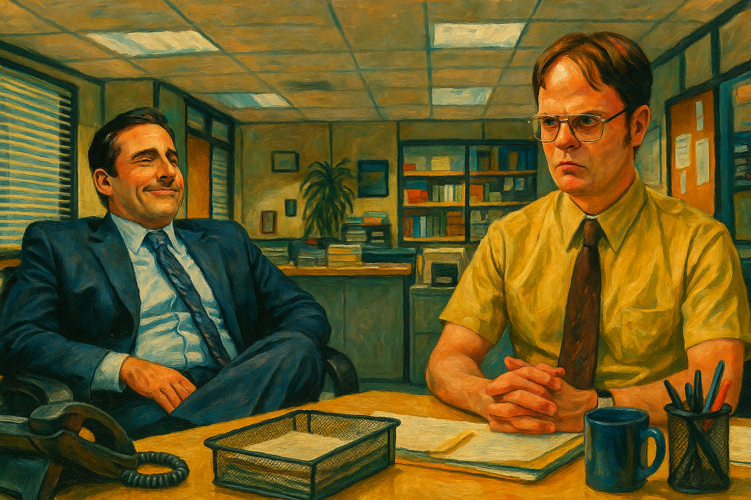 Michael Scott leaning back casually while Dwight Schrute sits rigidly focused in the Dunder Mifflin office