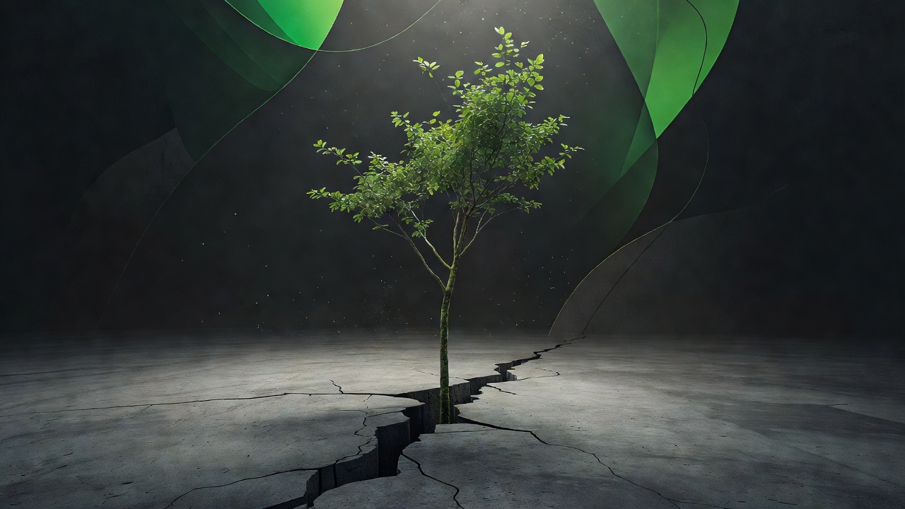 A young green tree growing up through a crack in bare grey concrete toward soft light