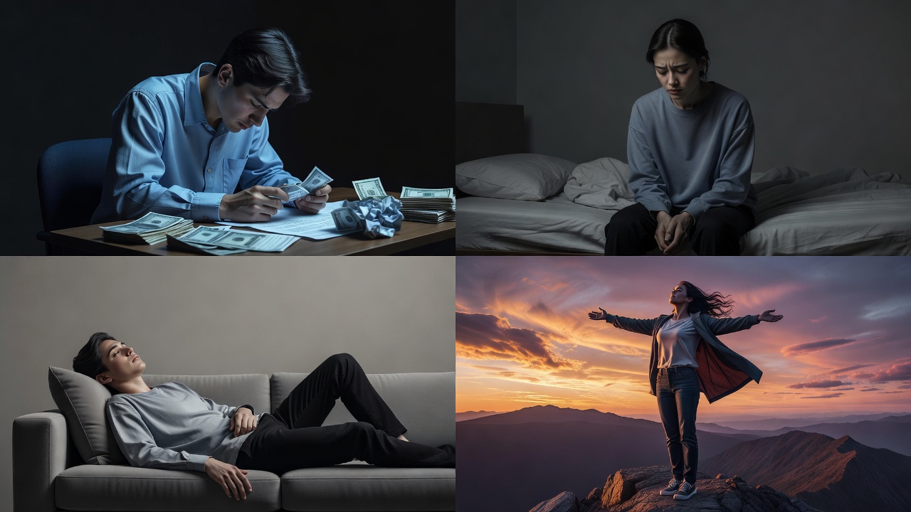 Four versions of the same person in different emotional states: financial stress, heartbreak, boredom, and freedom