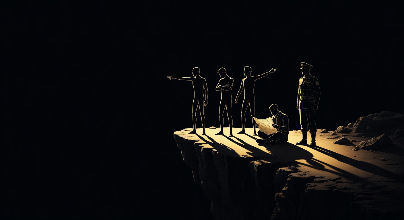 Five commanding figures standing on a dramatic cliff edge, each with a distinct posture of leadership