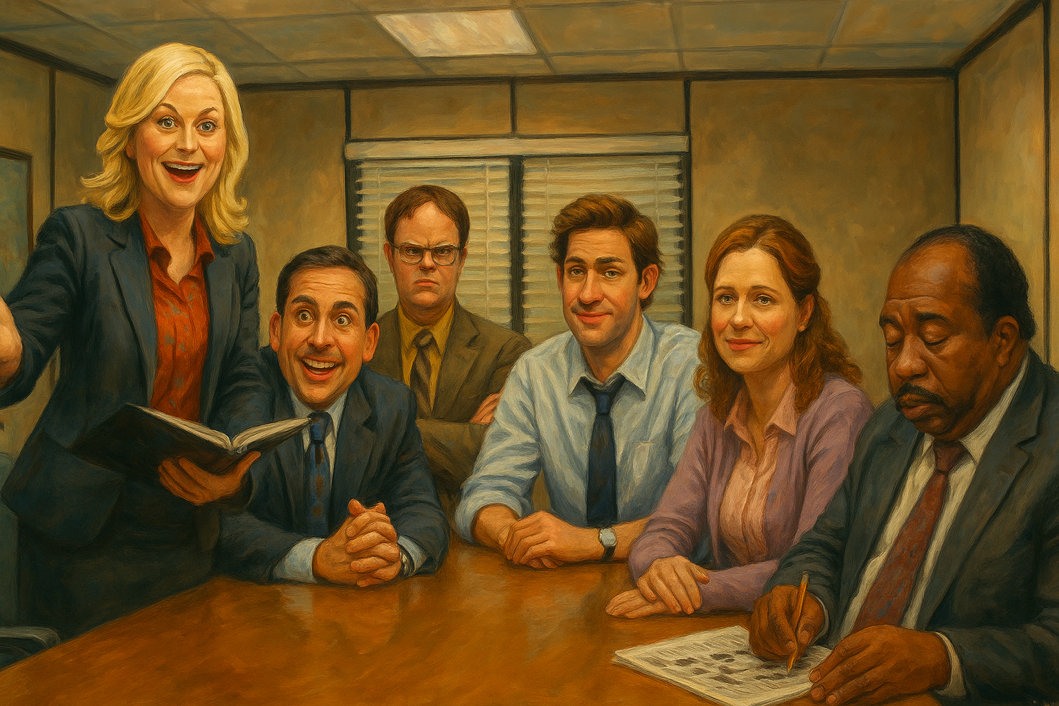 Leslie Knope standing in the Dunder Mifflin office surrounded by bewildered coworkers